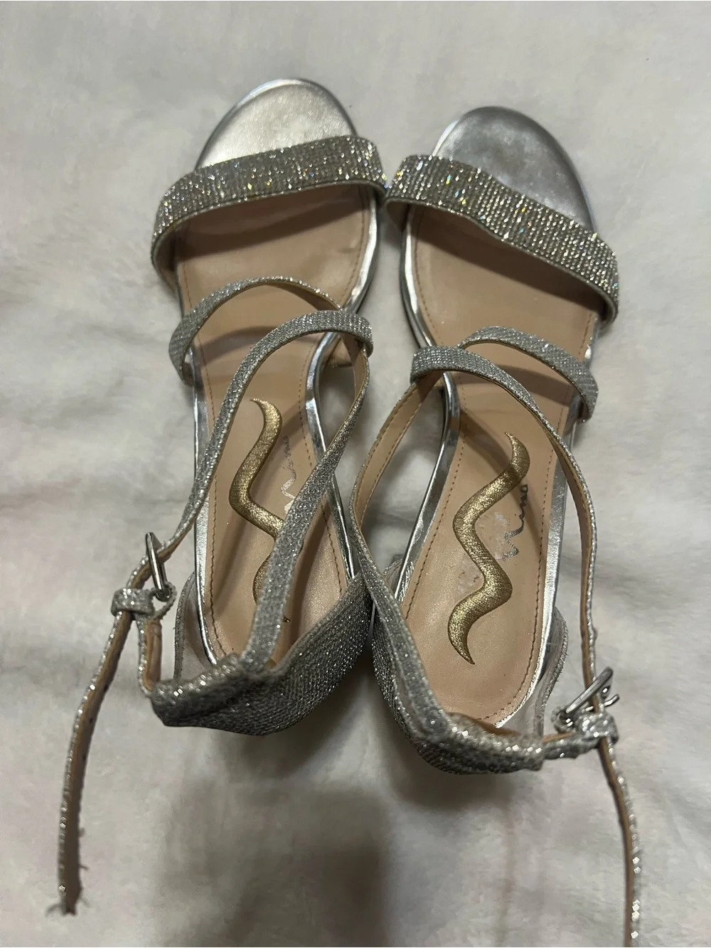 Nina Silver Rhinestone Strappy Block Heel Sandals
